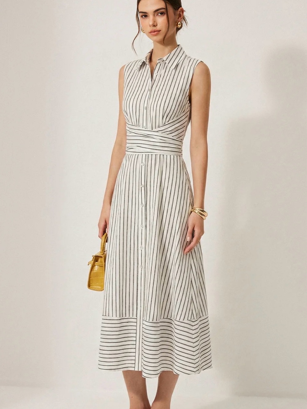 Commense Striped Collared Sleeveless Tie Waist Midi Dress - Large